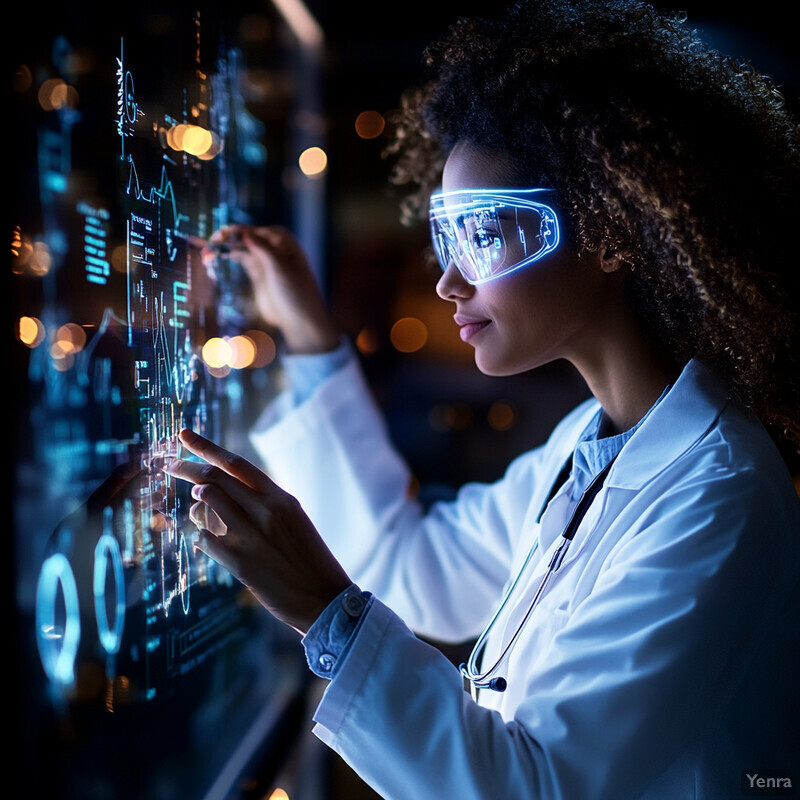 A woman in a lab coat works with virtual reality goggles and a tablet to design new molecules.