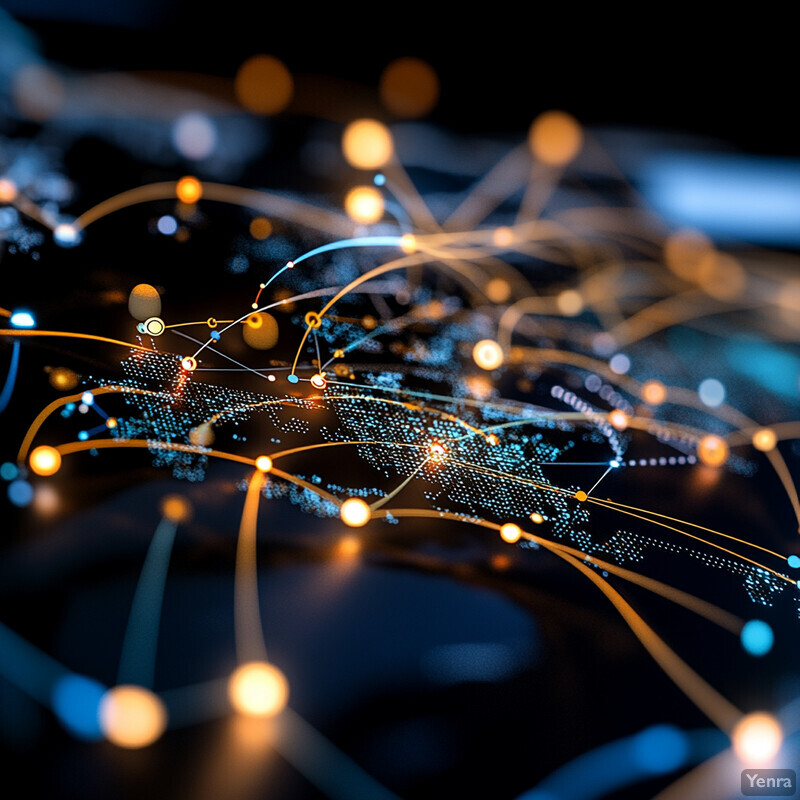 A network diagram illustrating the concept of Optimized Site Selection and Feasibility Studies, characterized by a dark blue background with scattered orange dots.