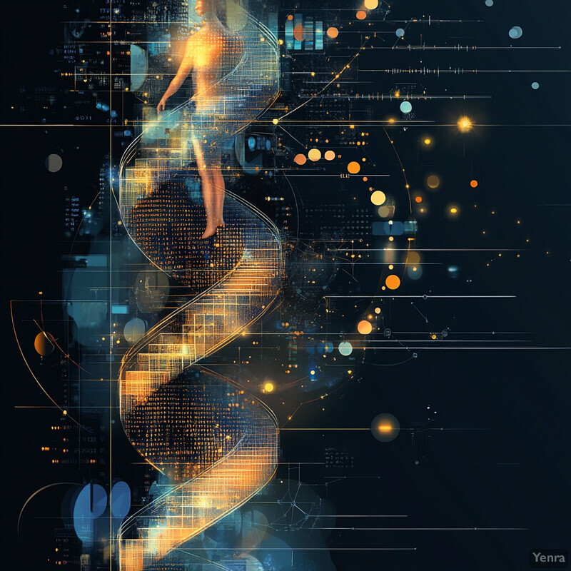 A digital artwork featuring two human figures surrounded by a swirling vortex of light and energy, with a complex pattern of shapes and symbols in the background.