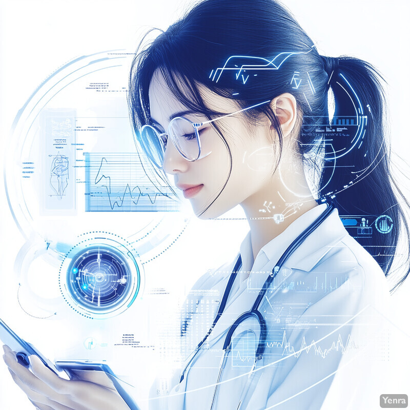 A woman wearing glasses holds a tablet in front of her, surrounded by icons and graphics related to real-time safety and adverse event monitoring.