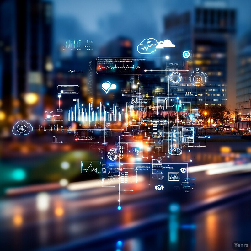 The image depicts a cityscape at night with digital elements superimposed over it, emphasizing the theme of data analysis and integration.