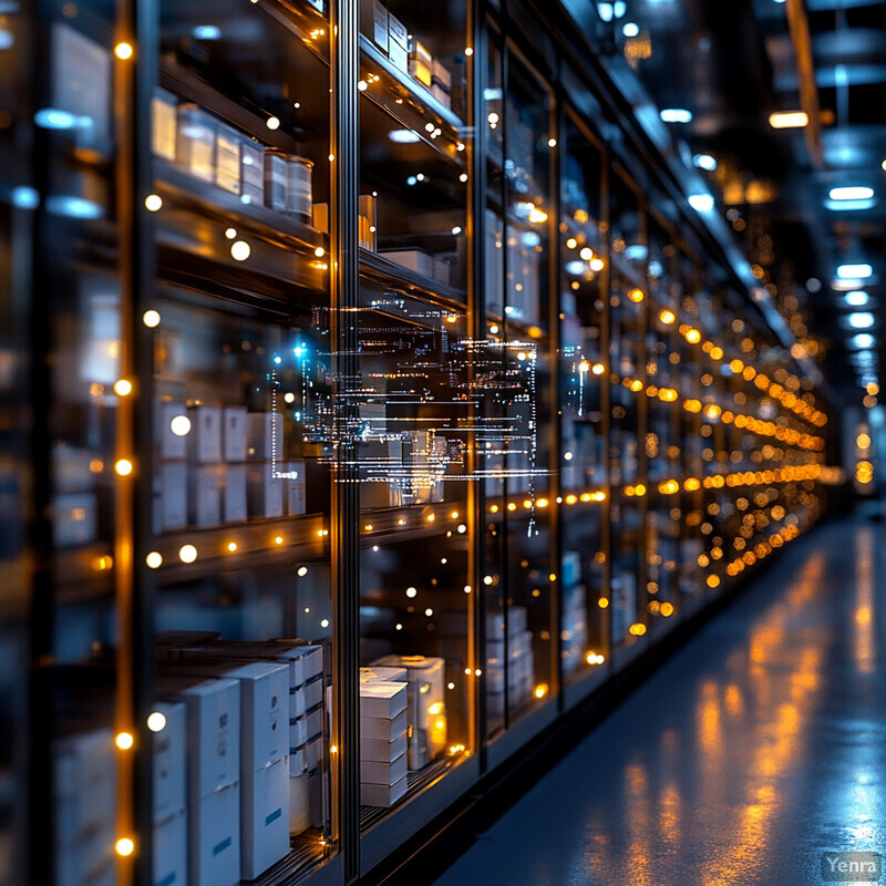 A warehouse or storage facility with rows of shelves stocked with boxes and packages.