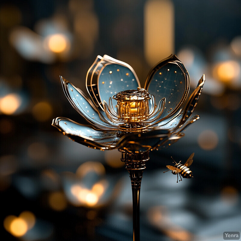 Intricate gold-colored flower-like object with a central yellow light and a hovering bee in a dark room.