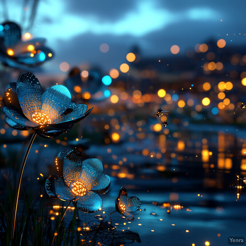 Glowing flowers floating on water at night