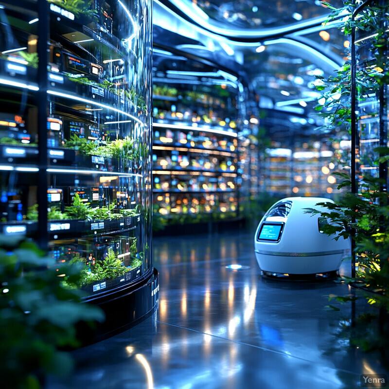 A futuristic-looking room with a robot and plants.