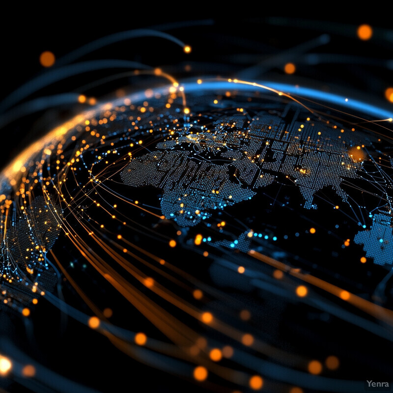 A futuristic representation of global data flow and communication networks, featuring a blue globe with orange data points connected by thin lines.