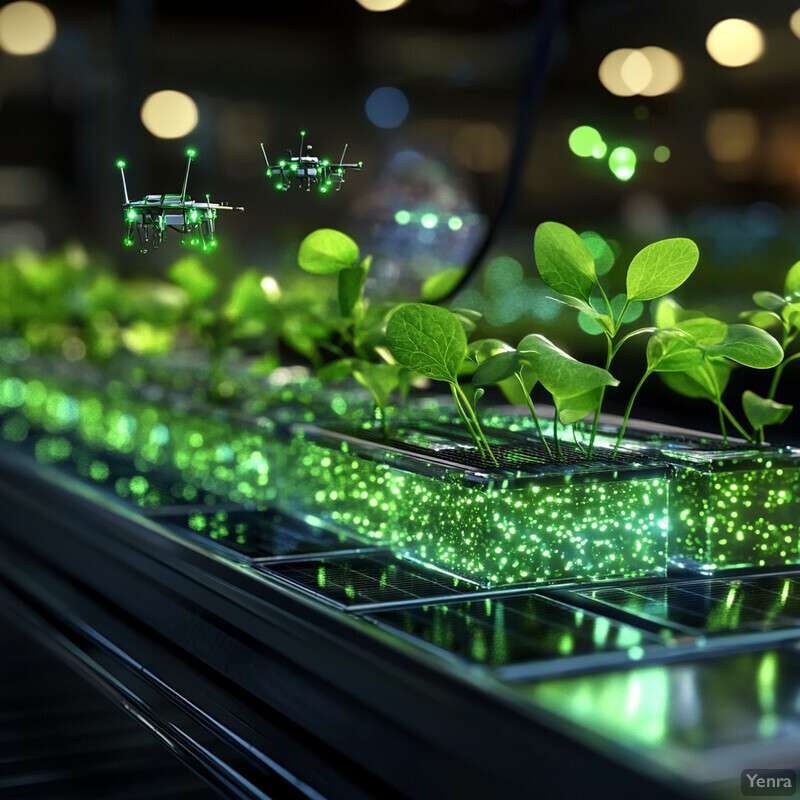 An advanced hydroponic system for sustainable plant cultivation, featuring drones or robots monitoring and maintaining optimal growing conditions.