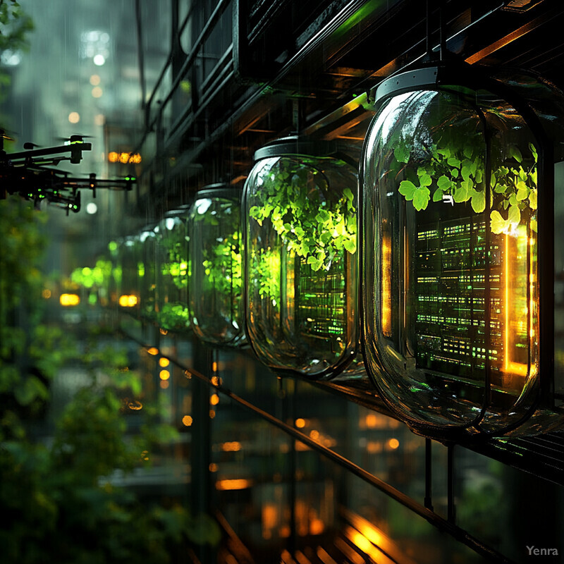 A futuristic facility with bioreactors or cultivation tanks for microorganisms or plants.