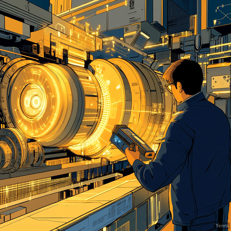 A man is examining a large, futuristic-looking machine with glowing yellow lights in a laboratory or workshop setting.