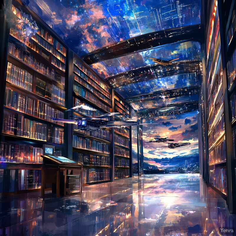 A futuristic library with towering shelves of books and a large screen displaying information.