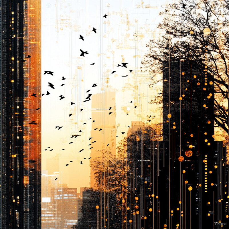 An urban scene with tall buildings and a tree in the background, set against a backdrop of birds flying overhead.