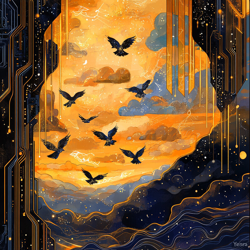 A digital artwork featuring black birds in flight against an orange and blue sky.