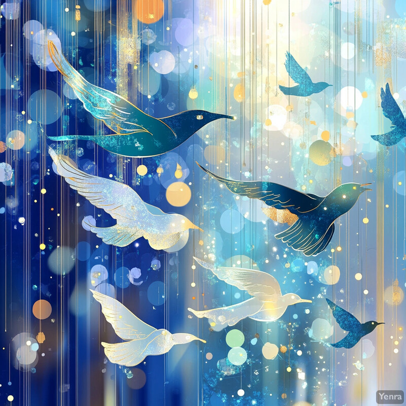 Birds in flight against a backdrop of sparkling lights create a peaceful and dreamy atmosphere.