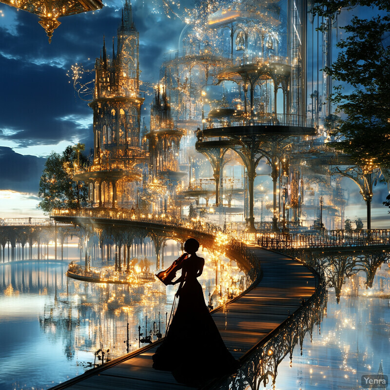 A woman in a black dress stands on a bridge leading to an ornate golden castle situated in the middle of a lake.