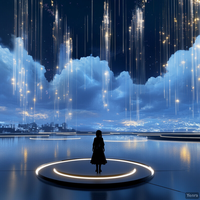 A young girl stands on a circular platform in front of a large body of water, surrounded by clouds and stars.