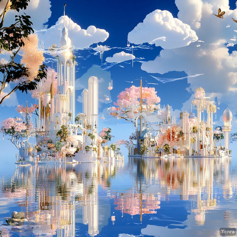 A surreal cityscape with white buildings and trees adorned with pink blossoms, set against a serene blue sky filled with fluffy white clouds.