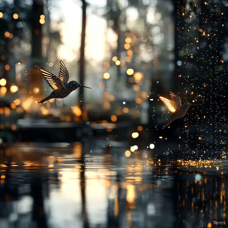 Two hummingbirds in flight over a body of water, set against a blurred cityscape.