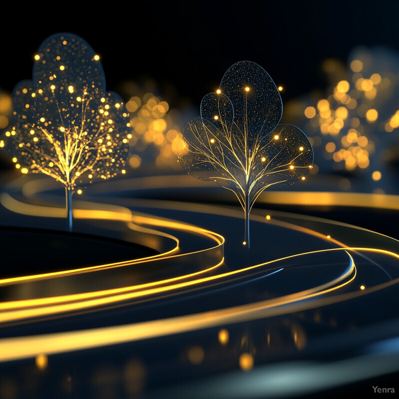 A futuristic landscape featuring three trees adorned with glowing yellow orbs and a winding road or path.