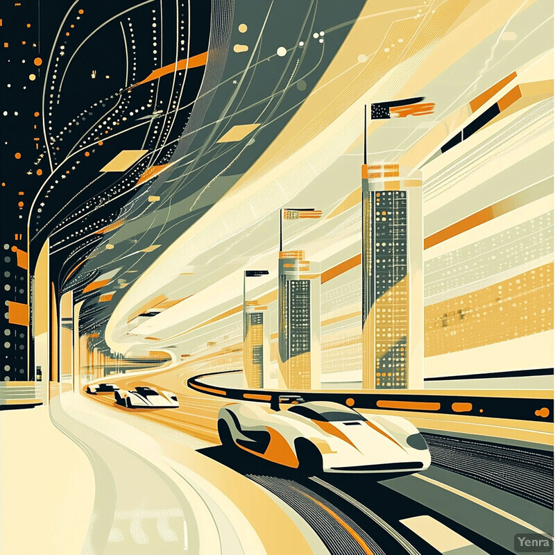 Futuristic cityscape with high-tech transportation systems and towering skyscrapers.