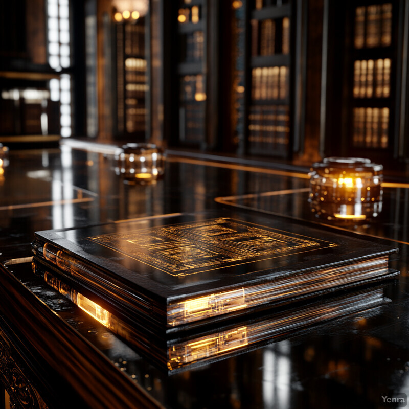 A beautifully crafted black book with gold accents sits on a reflective surface within a grand library setting.