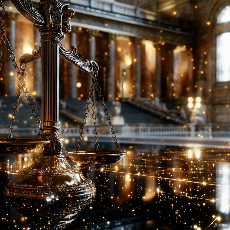 An ornate scale with gold accents and black details is set against the backdrop of a grand building or courtroom.