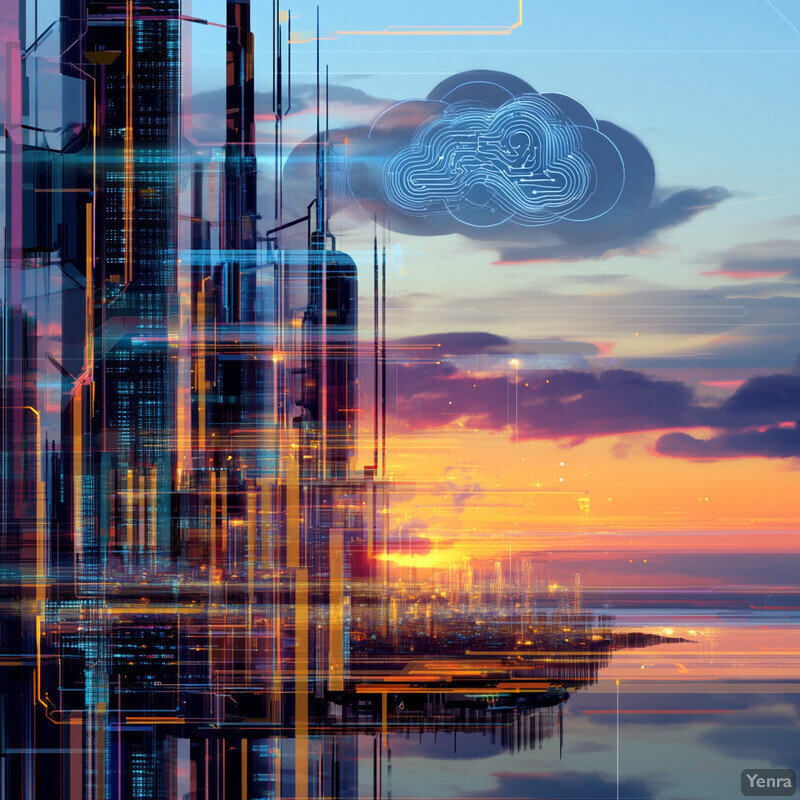 A futuristic city with towering skyscrapers and neon lights set against a sunset over the ocean.