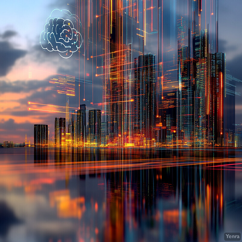 A futuristic cityscape at sunset with towering skyscrapers and a vibrant skyline.