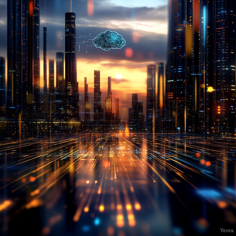 A futuristic cityscape with towering skyscrapers and a blue brain graphic in the sky.