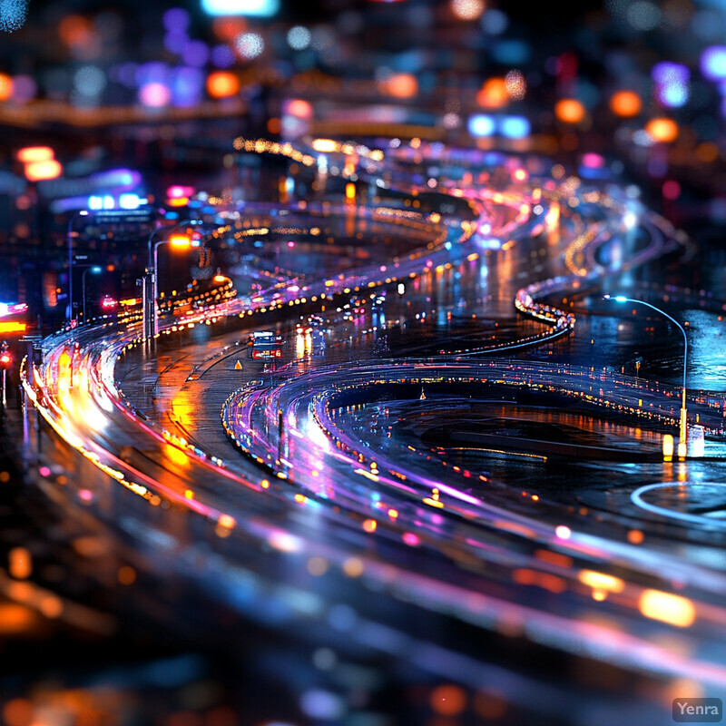 A highway interchange at night with multiple lanes of traffic flowing through it.