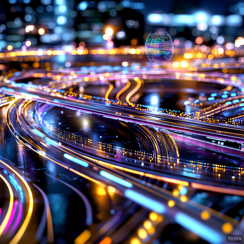 A futuristic cityscape with a network of roads and highways illuminated by neon lights.