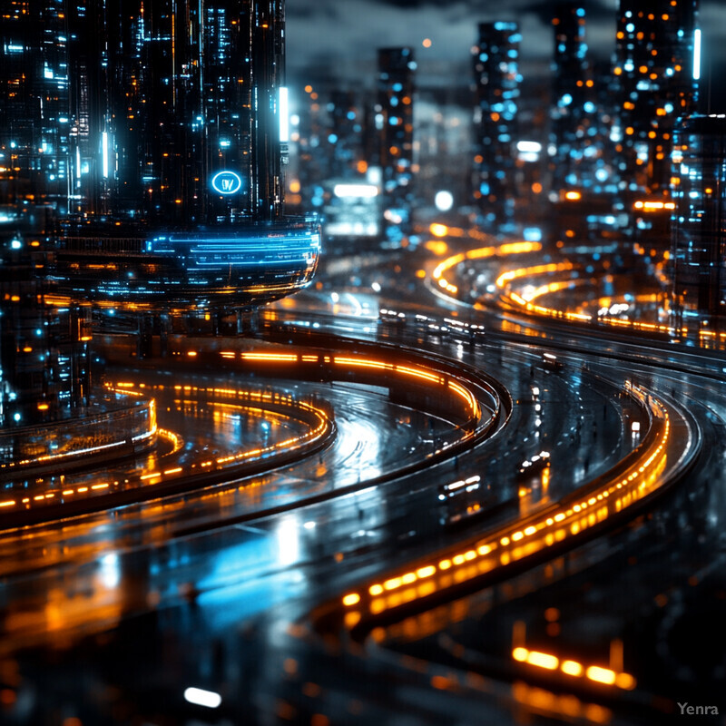 A futuristic cityscape with a focus on predictive load balancing technology.