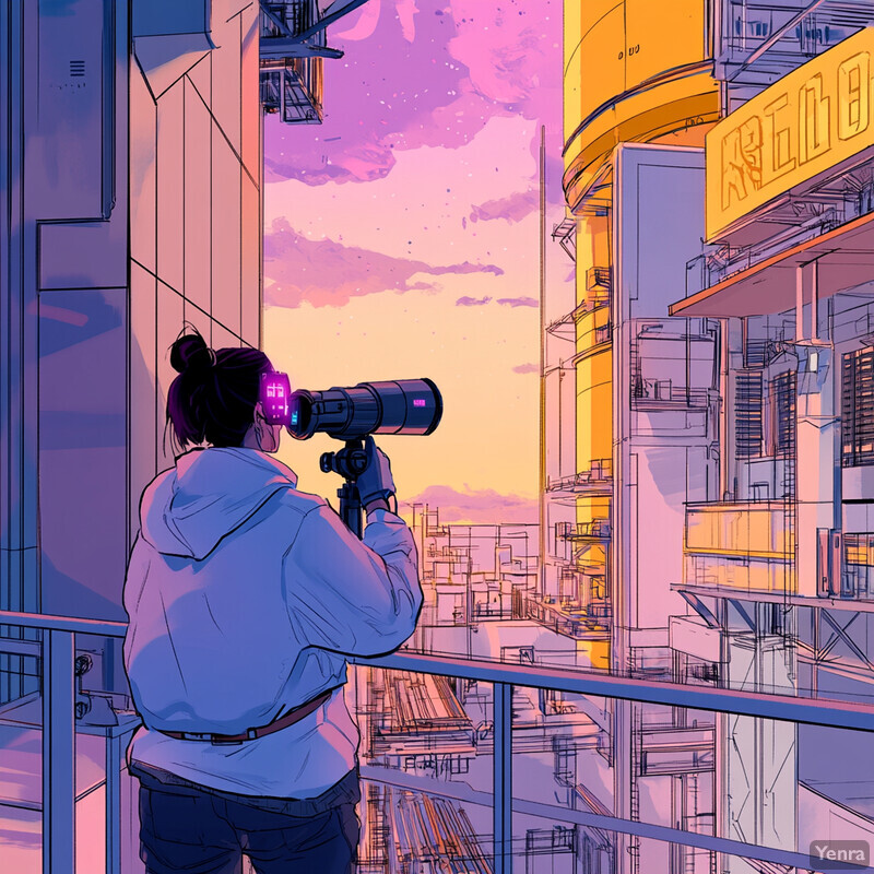 A young woman with dark hair in a bun gazes out at the cityscape from a balcony or rooftop, capturing the moment with her camera as the sun sets behind tall buildings.