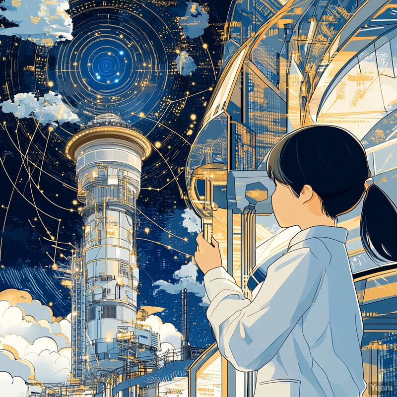 A woman stands in front of a futuristic-looking building, gazing up at the sky.