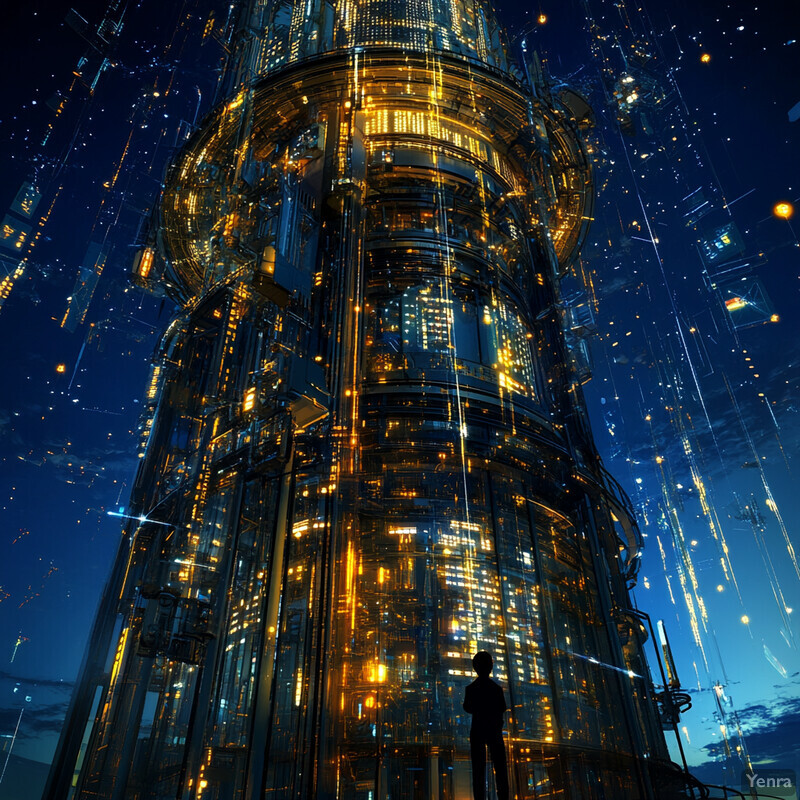 A futuristic-looking tower with numerous lights and wires is set against a blue background in an urban setting.