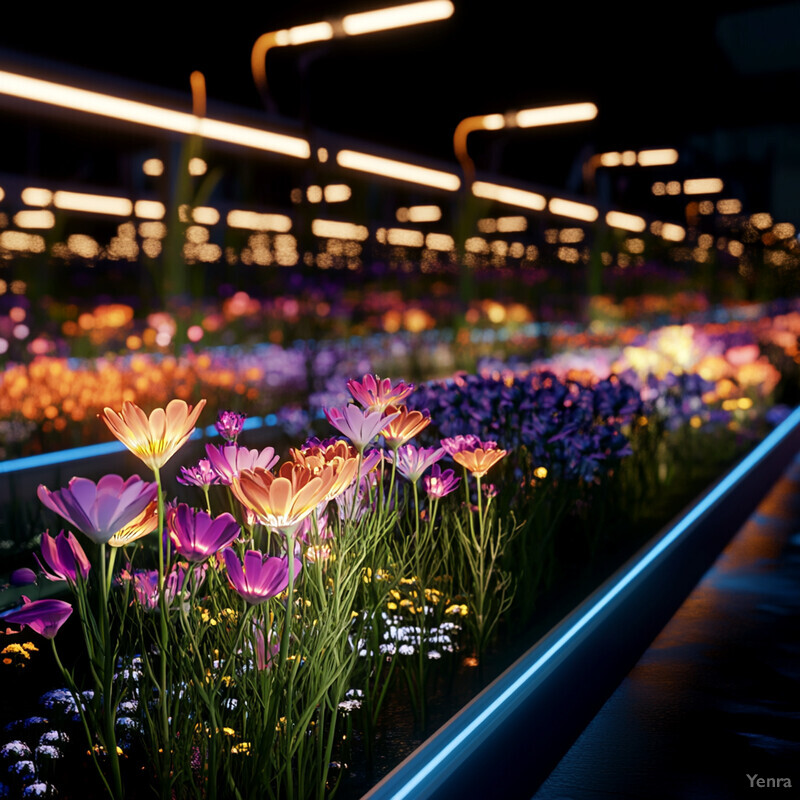 A colorful garden at night, illuminated by LED lights.