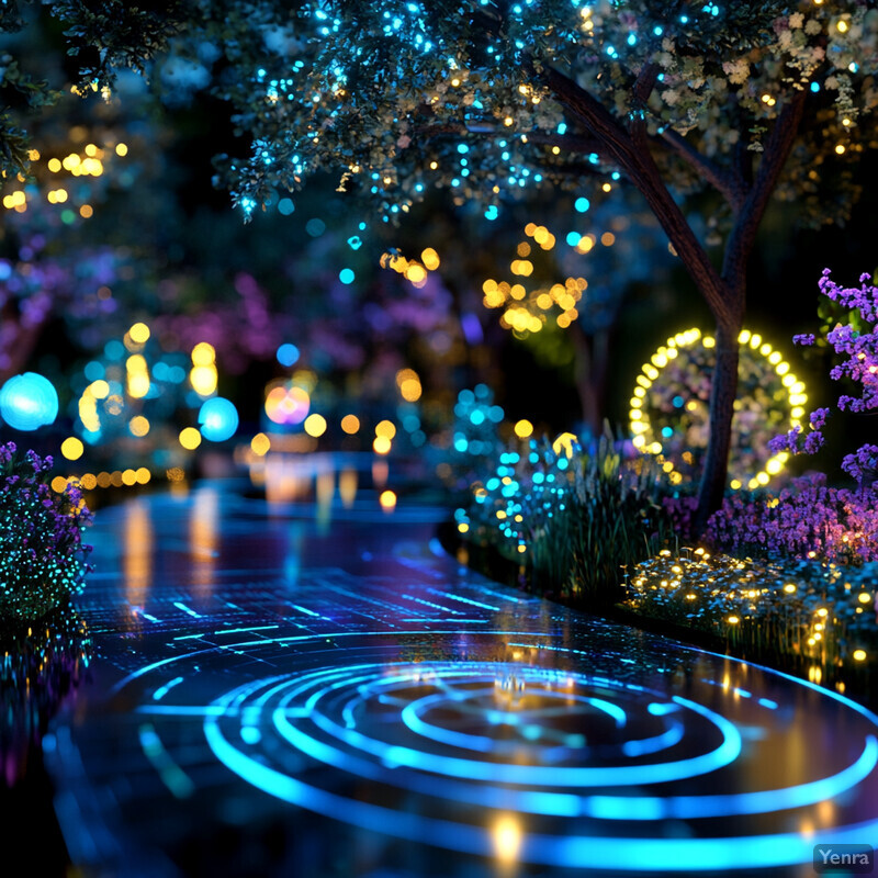 A winding path is illuminated by lights in various colors, creating a sense of wonder and enchantment.