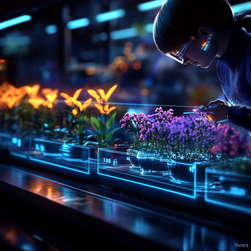 A woman examines flowers and plants in a laboratory or greenhouse setting.