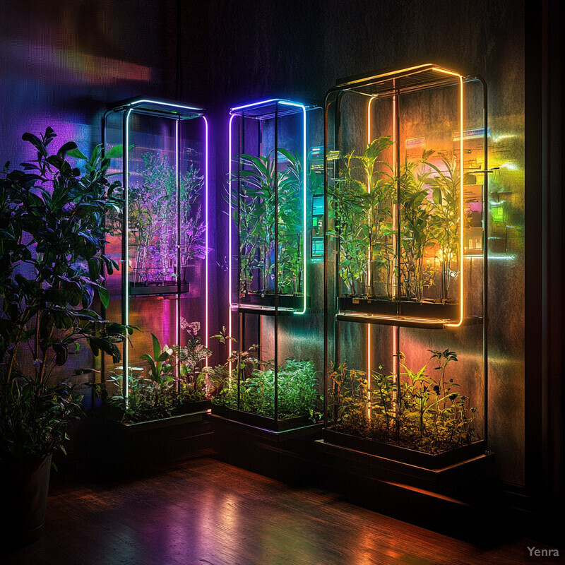 Three glass terrariums with neon lights on a wooden floor against a dark wall.