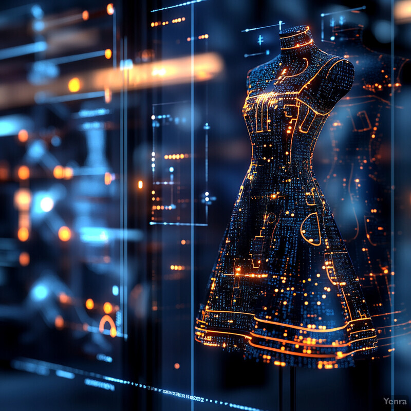 A digital rendering of a dress form covered in circuitry and glowing orange lights.