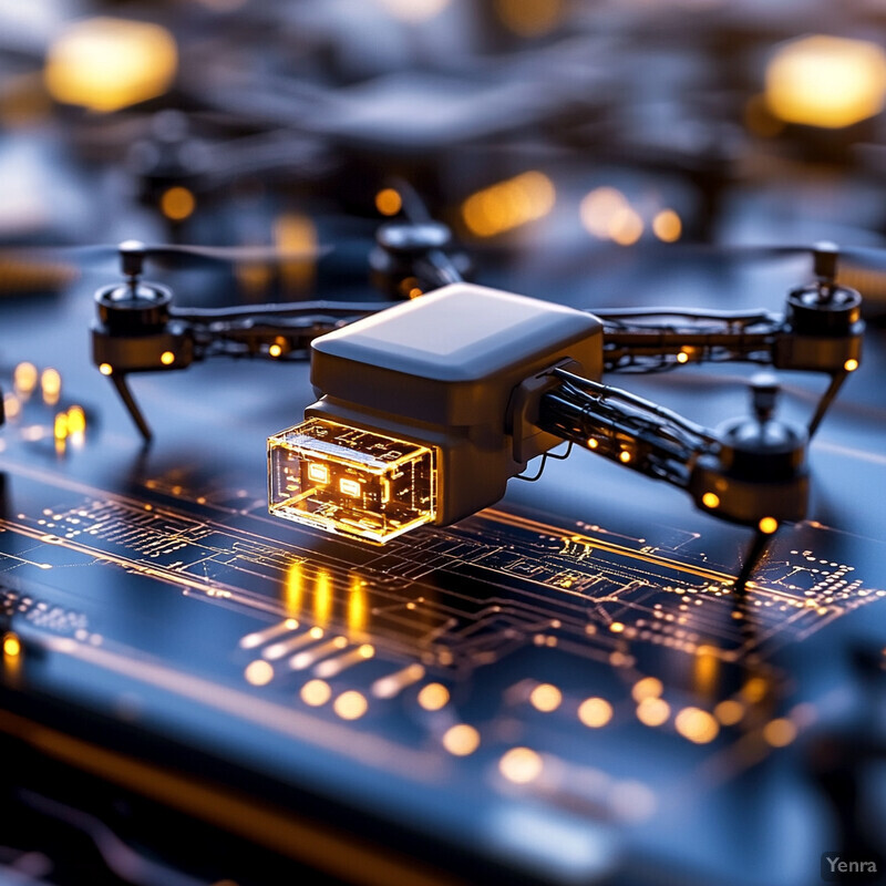 A drone with a camera is hovering above a circuit board, possibly used for surveillance or inspection.