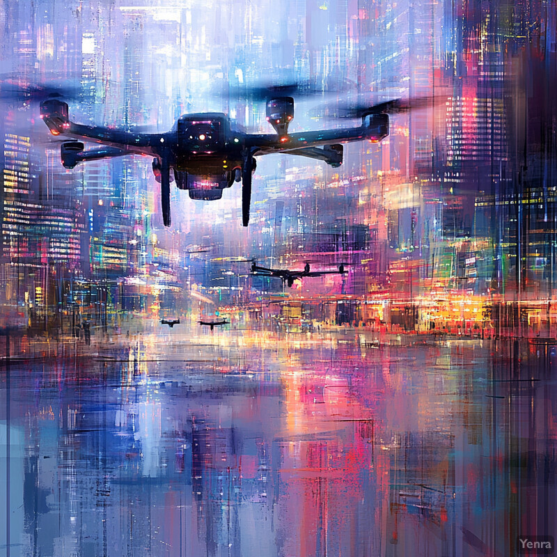 A cityscape at night with a drone and streetlights.