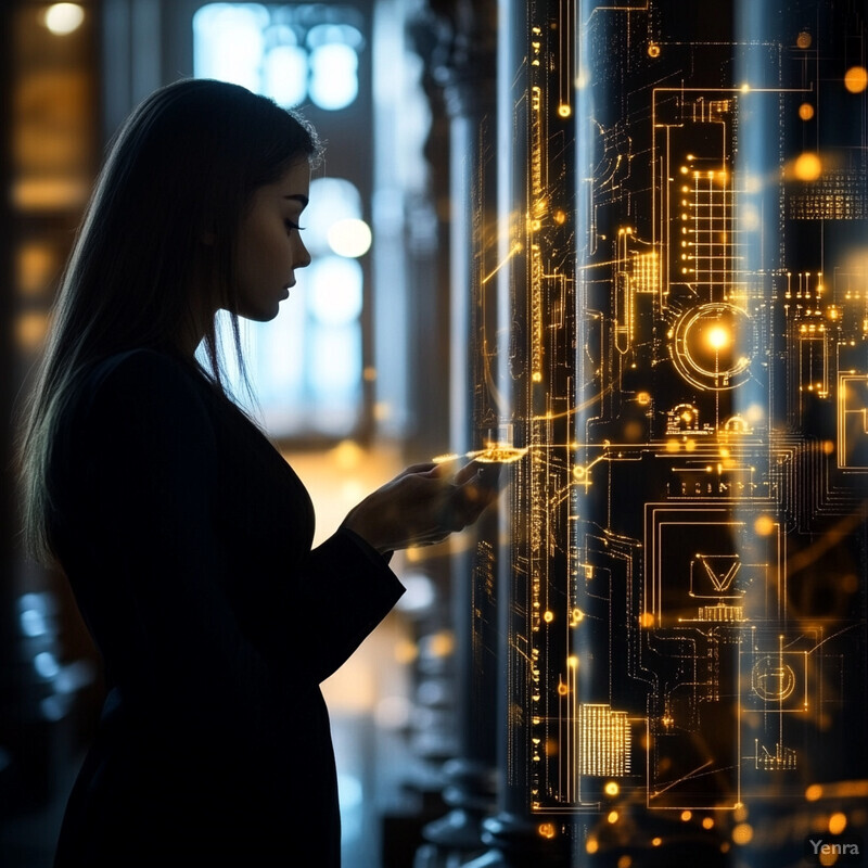 A woman stands in front of a large screen displaying symbols and diagrams, possibly related to computer science or engineering.