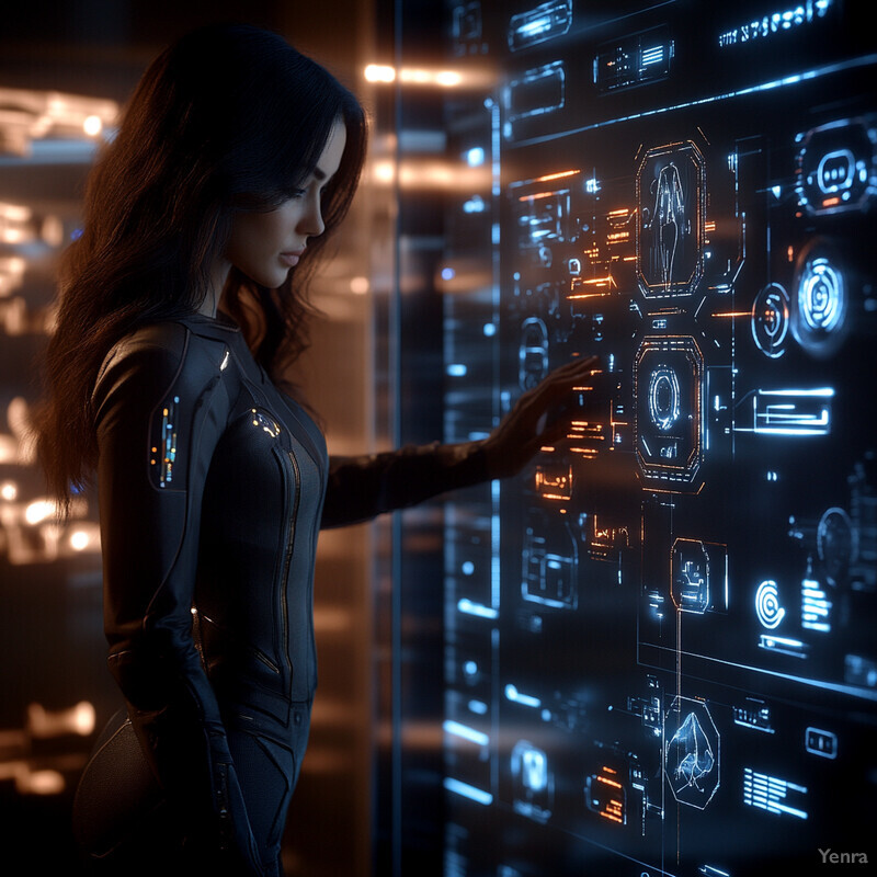 A woman in a futuristic black jumpsuit stands in front of a large screen displaying various data points and graphs.