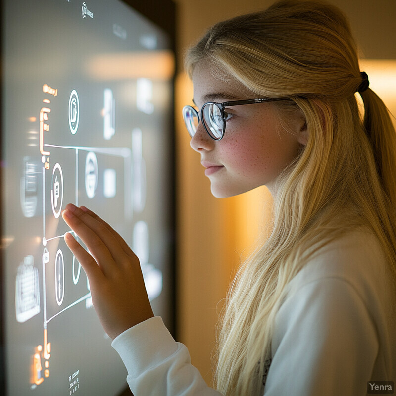 A young girl examines a digital screen displaying various icons and graphics.