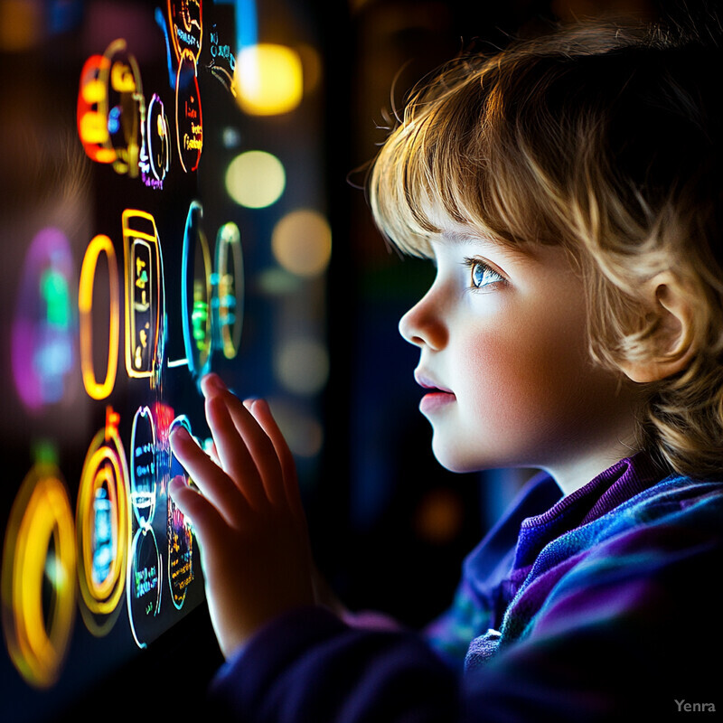 A young boy is captivated by neon signs on a wall, showcasing his curiosity and fascination with the colorful displays.