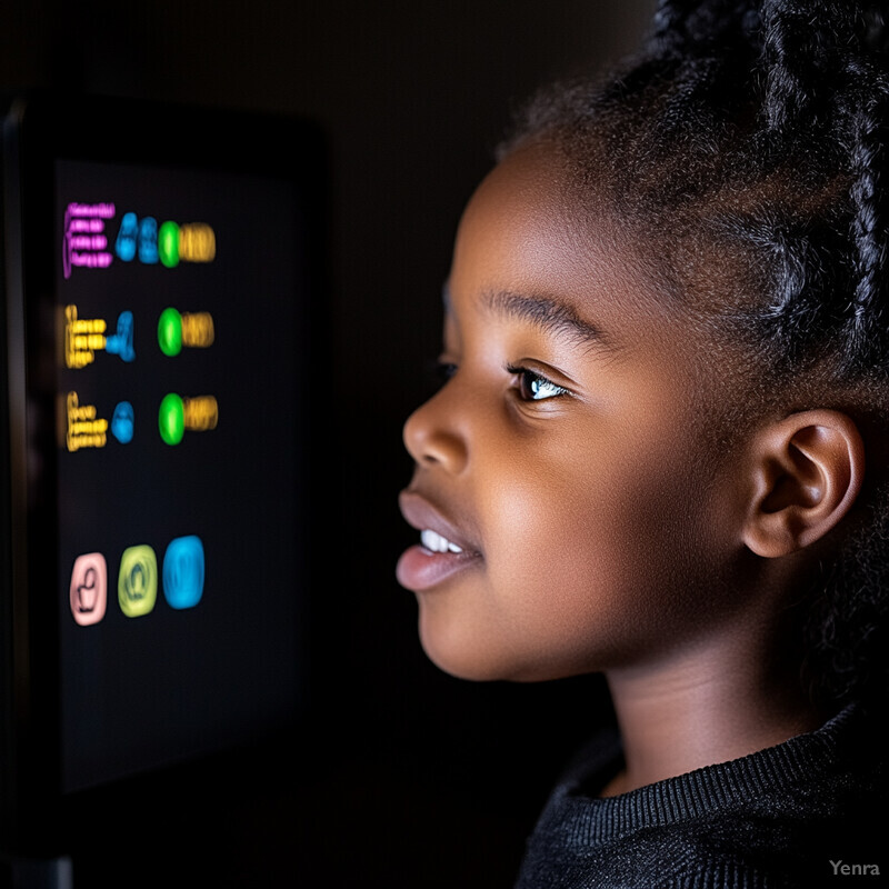 A young girl sits in front of an Adaptive Communication Board, looking intently at the device.