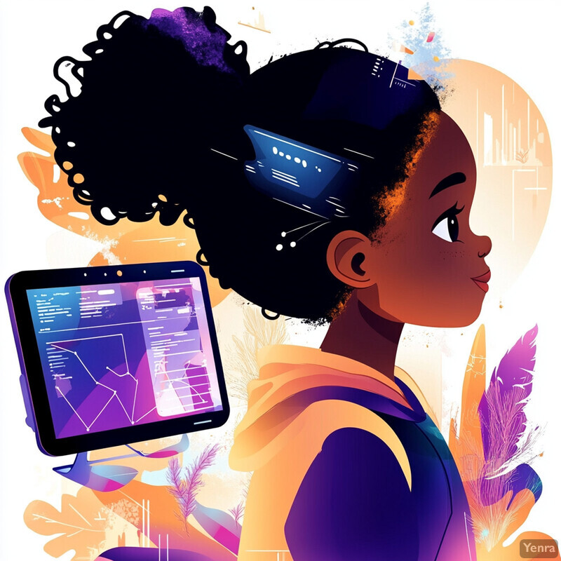 A young girl with dark skin and curly hair is depicted in an abstract setting, possibly engaged in educational activities or exploring data visualization concepts.