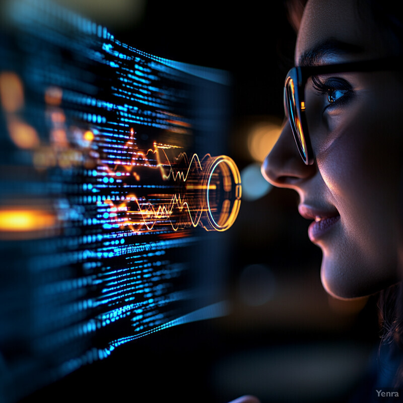 A woman wearing glasses looks at a screen displaying graphs and charts in an office setting.