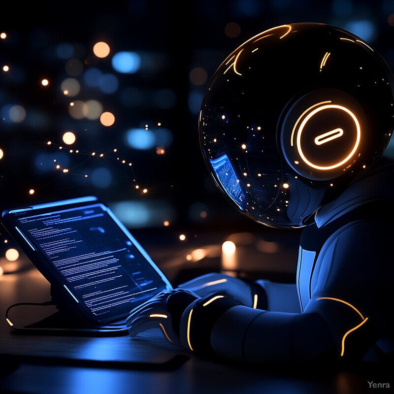 A futuristic scene with a robotic figure sitting at a desk, surrounded by various objects and glowing lights.