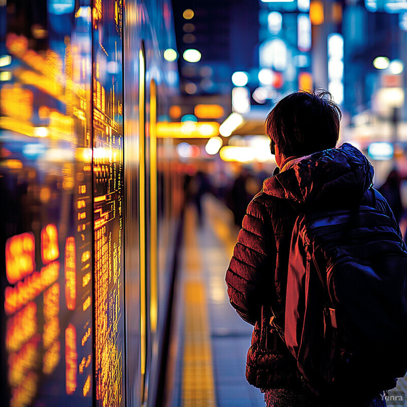 A person stands on a subway platform at night, gazing out the window of an approaching train.